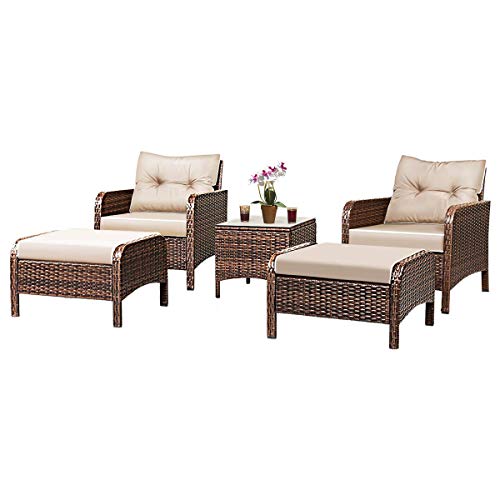 Product Cover Tangkula Wicker Furniture Set 5 Pieces PE Wicker Rattan Outdoor All Weather Cushioned Sofas and Ottoman Set Lawn Pool Balcony Conversation Set Chat Set