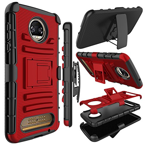 Product Cover Motorola Moto Z2 Force Case, Zenic Full-Body Heavy Duty Shockproof Protective Hybrid Case Cover with Swivel Belt Clip and Kickstand for Moto Z2 Force (Red)