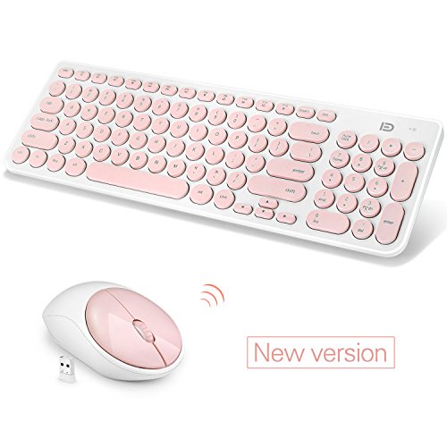 Product Cover Fashion Wireless Keyboard and Mouse Combo, FD iK6630 2.4GHz Cordless Cute Round Key Smart Power-Saving Ultra Slim Combo for Laptop, Computer and Mac (Salmon Pink & White)