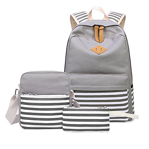 Product Cover Abshoo Causal Canvas Stripe Backpack Cute Lightweight Teen Backpacks For Girls School Bag Set (Grey Set)