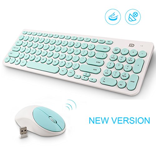 Product Cover Wireless Keyboard and Mouse Combo, FD iK6630 2.4GHz Cordless Cute Round Key Set Smart Power-Saving Whisper-Quiet Slim Combo for Laptop, Computer,TV and Mac (Mint Green & White)