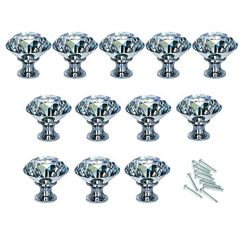 Product Cover HOSL 12-Pack 40MM Diamond Shape Crystal Glass Cabinet Knob Cupboard Drawer Pull Handle/Great for Cupboard, Kitchen and Bathroom Cabinets, Shutters, etc