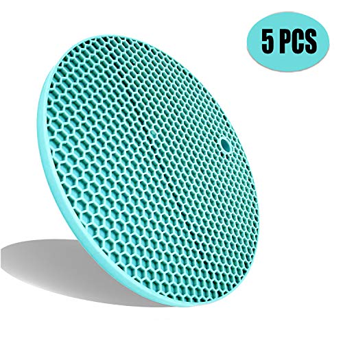 Product Cover 5 Pcs Round Silicone Trivets Pot Holder Mats,Extra Thick Heat Resistant Kitchen Countertop Mats,Honeycomb Rubber Hot Pads Trivets for Hot Dishes,Flexible Jar Opener Multi-Purpose Coasters Teal