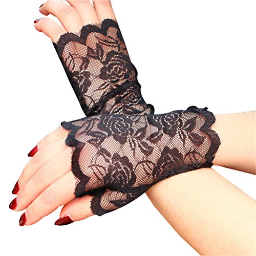 Product Cover LUOEM Women Lace Fingerless Gloves Half Finger Bridal Gloves UV Protection Fingerless Gloves Sunproof Gloves (Black)