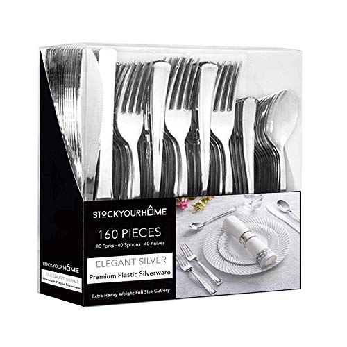 Product Cover Plastic Cutlery Heavy Duty - 160 Silver Disposable Silverware - Silver Plastic Flatware - Plastic Utensils - 80 Silver Plastic Forks, 40 Silver Plastic Spoons, 40 Silver Plastic Knives