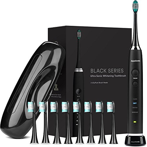 Product Cover AquaSonic Black Series Ultra Whitening Toothbrush - 8 DuPont Brush Heads & Travel Case Included - Ultra Sonic 40,000 VPM Motor & Wireless Charging - 4 Modes w Smart Timer - Modern Electric Toothbrush