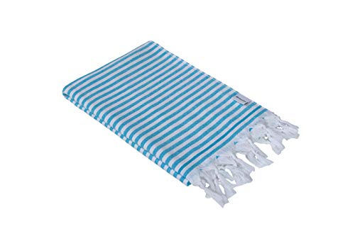 Product Cover InfuseZen Turkish Towel - Thin and Absorbent Peshtemal Beach Bath Towels - 100% Cotton Oversized Hammam Fouta - XL 71 inches x 37 inches Lightweight Pool, Gym, Travel Towel, Terry Cloth Backing (Aqua)