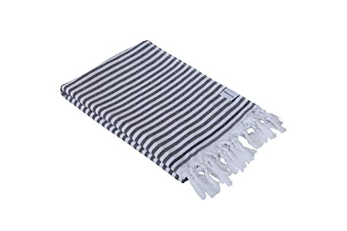 Product Cover InfuseZen Turkish Towel - Thin and Absorbent Peshtemal Beach Bath Towels - 100% Cotton Oversized Hammam Fouta - XL 71 inches x 37 inches Lightweight Pool, Gym Travel Towel, Terry Cloth Backing (Black)