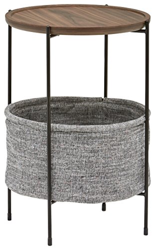 Product Cover Rivet Round Storage Basket Side Table - Meeks, Walnut and Grey Fabric