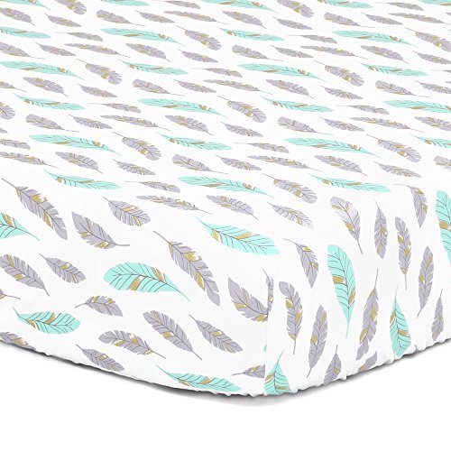 Product Cover Turquoise Grey and Golden Feathers Fitted Crib Sheet by The Peanut Shell