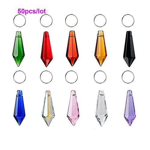 Product Cover H&D 50pcs 38mm Crystal Icicle Pendant Chandelier Prisms Drops Lamp Candle Holders Curtain DIY Parts(Multi-Color)