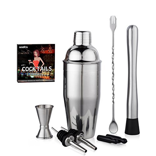 Product Cover Aozita Stainless Steel Cocktail Shaker Home Bar Set - 6 Piece Kit Includes 24 Ounce Cocktail Shaker / 10 Inch Mixing Spoon and Muddler / Jigger / 2 Liquor Pourers with Covers / Cocktail Recipes