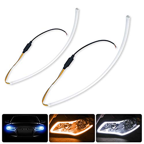Product Cover 2 X 24 Inch DRL LED Light Strip, YANF Flexible Daytime Running Lights Dual Color White & Amber Sequence LED Strip Tube Switchback Headlight Decorative Lamp & Flowing Turn Signal Light for Any 12V Cars