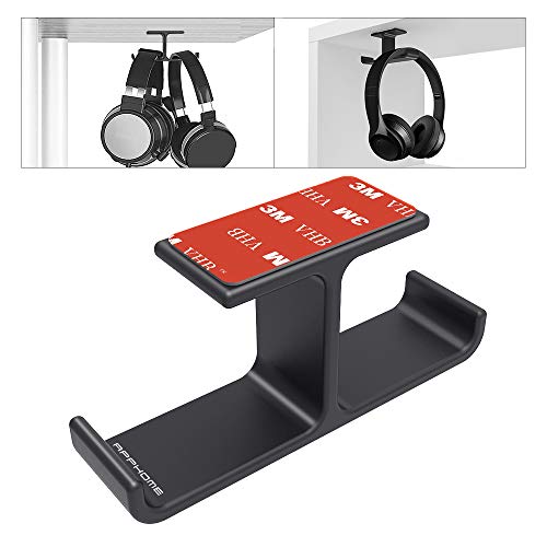Product Cover Headphone Headset Holder, APPHOME Headphones Stand Hanger Hook Aluminum Stick-On 3M Adhesive Under Desk Dual Headsets Holder Mount Gaming Accessories for All Headphones, Black (Patented)
