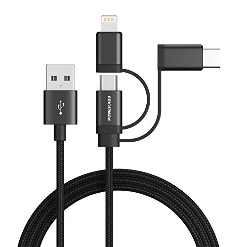 Product Cover POWERADD [MFi Certified] Multi Charging Cable, Certified iPhone/Type C/Micro USB Charger, Nylon Braided Cord 3.3ft (1m) 3 in 1 Multiple Universal Charger for iPhone/iPad and Android Devices