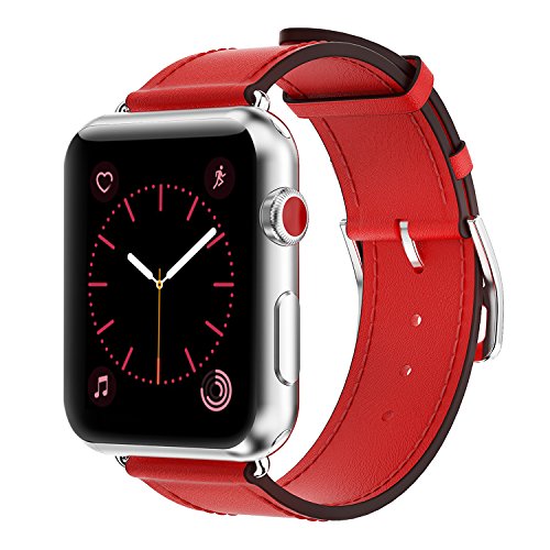 Product Cover yearscase 42MM Genuine Leather Replacement Band with Classic Metal Adapter Clasp Single Tour Compatible Apple Watch Band Series 3 Series 2 Series 1 Nike+ Hermes&Edition - Red