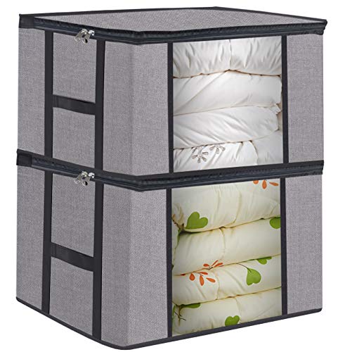 Product Cover Foldable Large Clothes Comforter Storage Bags, Breathable Linen Closet Storage and Organizers for Blankets, with Sturdy Zippers Clear Window, Set of 2 Grey with Printing