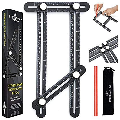 Product Cover Strongman Tools | Heavy Duty Aluminum Alloy Angle Template Tool | Multi Function Universal Layout Measuring Ruler | 3 Bonus Items - Protective Pouch, Builders Pencil and Instructions | Perfect Present
