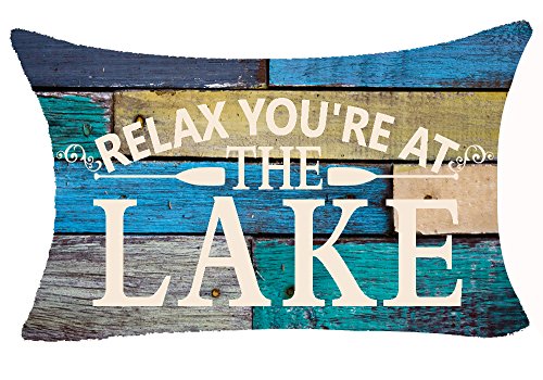 Product Cover Andreannie Retro Vintage Wood Grain Background Funny Warm Sayings Relax You're at The Lake Cotton Linen Throw Lumbar Waist Pillow Case Cushion Cover Home Office Decorative Rectangle 12 X 20 Inches