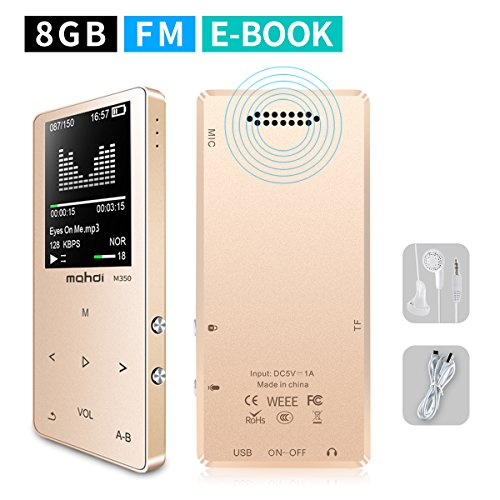 Product Cover MYMAHDI MP3/MP4 Music Player, 8GB Portable Audio Player with Photo Viewer, Voice Recorder, FM Radio, A-B Playback, E-Book, Metal Body, Build-in Speaker with Headphone(Expandable Up to 128GB), in Gold