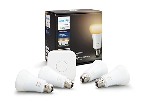 Product Cover Philips Hue White Ambiance Smart Bulb Starter Kit (4 A19 Bulbs and 1 Hub Works with Alexa Apple HomeKit and Google Assistant)