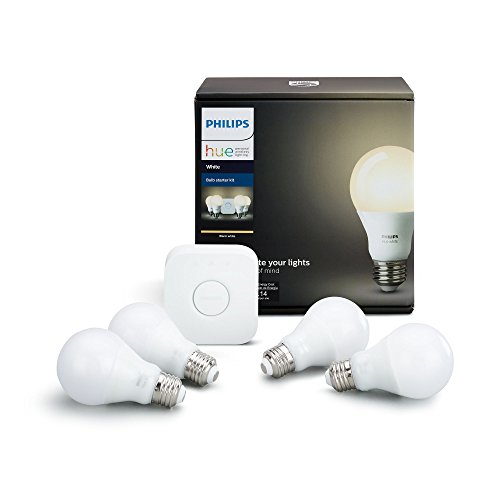 Product Cover Philips Hue White A19 60W Equivalent LED Smart Bulb Starter Kit (4 A19 White Bulbs and 1 Hub Compatible with Amazon Alexa Apple HomeKit and Google Assistant)