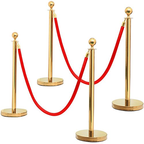 Product Cover Yaheetech Stanchions and Velvet Ropes Gold Round Top Stainless Steel Stanchion Crowd Control Barrier Posts w/6.5FT Red Rope 4-Pack