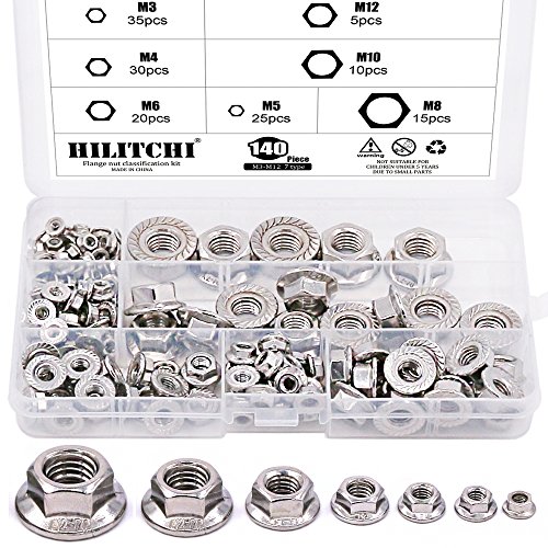 Product Cover Hilitchi 140-Pcs M3 M4 M5 M6 M8 M10 M12 Hex Flange Nuts Assortment Kit - 304 Stainless Steel