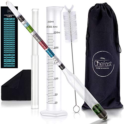 Product Cover Chefast Hydrometer and Test Jar for Wine, Beer, Mead and Kombucha - Combo Kit of Triple-Scale Hydrometer, 250ml Plastic Cylinder, Cleaning Brush, Cloth and Storage Bag