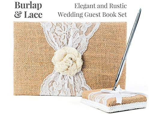 Product Cover Rustic Wedding Guest Book Made of Burlap and Lace - Includes Burlap Pen Holder and Silver Pen - 120 Lined Pages for Guest Thoughts - Comes in Gift Box (White Flower)