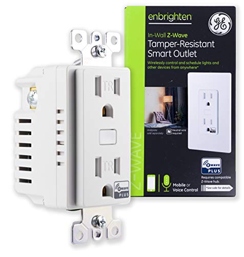 Product Cover GE Enbrighten Z-Wave Plus Smart Outlet, On/Off, Tamper Resistant, 1 On / 1 Controllable, for Lighting/Appliances, Zwave Hub Required, Works with SmartThings, Wink, and Alexa, 14288, White Receptacle