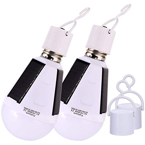 Product Cover Flyhoom 2 Pack Portable Solar Bulb Light Outdoor Rechargeable Emergency Light Bulb (AC 400LM/ DC 130LM) for Power Outage Shed Barn, Camping Tent Light Bulb