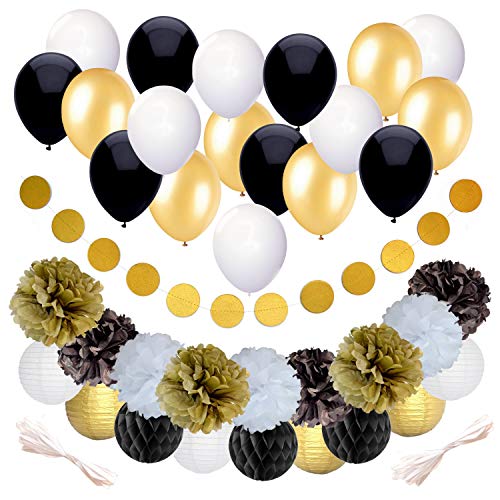 Product Cover Black and Gold Party Decorations for Birthday or Wedding Anniversary - 37 Pack - Make Him an Unforgettable Going Away Event with Honeycomb Supplies - Great for 25th 30th 40th 50th or 60th Celebration