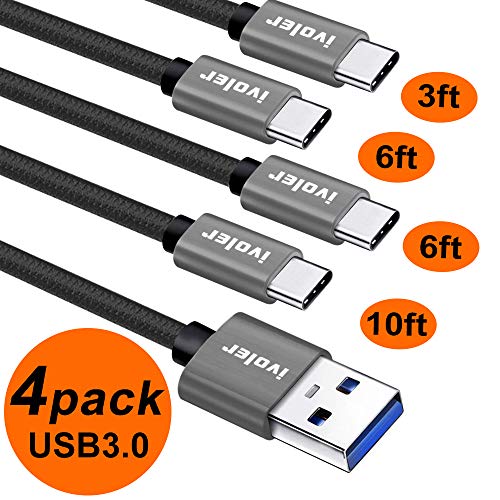Product Cover USB C Cable (USB 3.0), iVoler [4 Pack:3FT 6FTx2 10FT] Fast Charging Braided Nylon USB-A to USB C Type C Charger Cables Cord for Samsung Galaxy S10 10e Note 10 9 S9 S8 Plus Nintendo Switch (Black Gray)