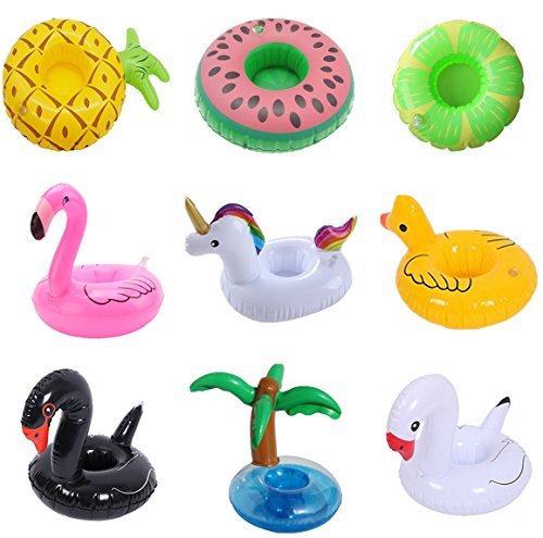 Product Cover 9 Pack Inflatable Drink Holder Unicorn Float,Fruit Flamingo Swan Plam Duck Inflatable Pool Cup Holders Coasters for Pool Party Water Fun