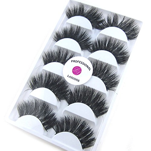 Product Cover 3D Real Mink False Eyelashes LASGOOS 100% Siberian Mink Fur Luxurious Soft Cross Thick Very Long Wedding Party 5 Pairs Fake Eye Lashes K02 (1 Pack-5 Pairs)