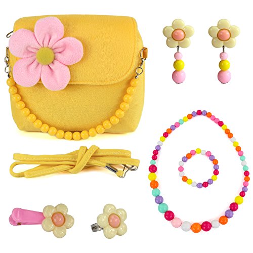 Product Cover CMK TRENDY KIDS Kids Plush Flower Handbag Set with Hair Clip + Necklace + Bracelet + Earrings + Ring Small Purse for Little Girls and Toddlers (82000_Yellow)