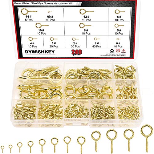 Product Cover DYWISHKEY 240PCS 12 Sizes Brass Plated Steel Eye Bolts Screw Eyes Assortment Kit