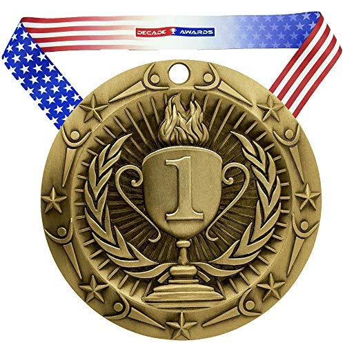 Product Cover Decade Awards 1St Place Medal - Gold Medals Comes With Exclusive Stars and Stripes American Flag V Neck Ribbon 3 Inch Wide Made of Strong Metal Perfect for Competitions - Gold - 1St Place