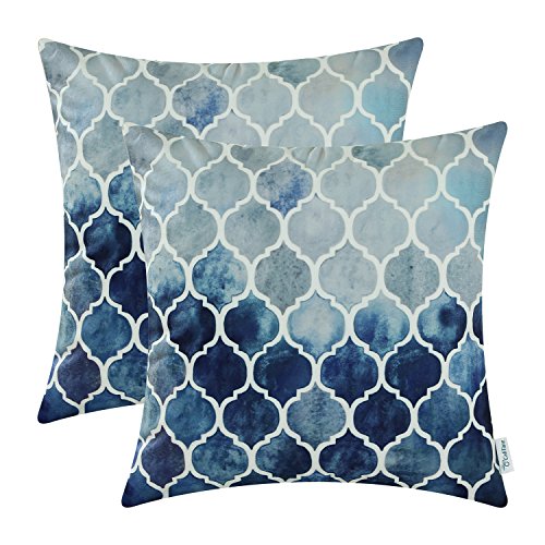 Product Cover CaliTime Pack of 2 Cozy Throw Pillow Cases Covers for Couch Bed Sofa Farmhouse Manual Hand Painted Colorful Geometric Trellis Chain Print 20 X 20 Inches Main Grey Navy Blue
