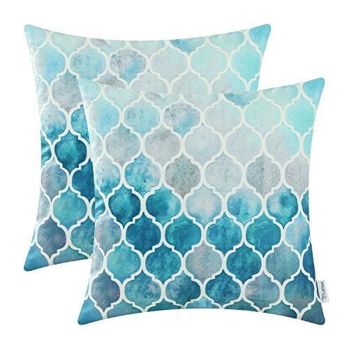 Product Cover CaliTime Pack of 2 Cozy Throw Pillow Cases Covers for Couch Bed Sofa Farmhouse Manual Hand Painted Colorful Geometric Trellis Chain Print 20 X 20 Inches Main Grey Teal