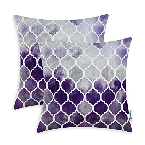 Product Cover CaliTime Pack of 2 Cozy Throw Pillow Cases Covers for Couch Bed Sofa Farmhouse Manual Hand Painted Colorful Geometric Trellis Chain Print 20 X 20 Inches Main Grey Purple Eggplant