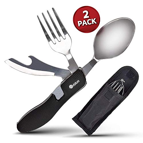 Product Cover Orblue 2-PACK 4-in-1 Camping Utensils - Portable Stainless-Steel Camping Spoon, Fork, Knife and Can/Bottle Opener - Backpacking Utensils with Case
