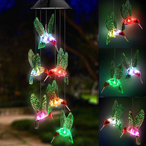 Product Cover Topspeeder LED Solar Hummingbird Wind Chime, Changing Color Waterproof Six Hummingbird Wind Chimes for Home Party Night Garden Decoration (Hummingbird)