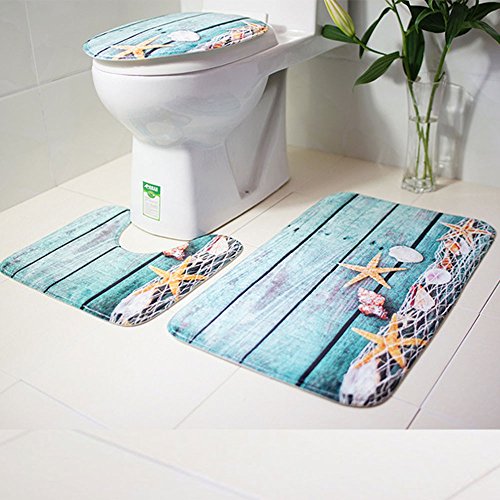 Product Cover 3PC Bath Mat Rug Set Bathroom Non-Slip Floor Mat Ocean Style Pedestal Rug + Lid Toilet Cover + Bath Mat Makaor (75cmx44cm/44cmx39cm/40cmx38cm, Pattern A)