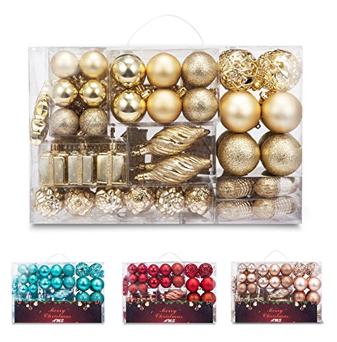 Product Cover AMS 72ct Christmas Ball Assorted Pendant Shatterproof Ball Ornament Set Seasonal Decorations with Reusable Hand-Help Gift Boxes Ideal for Xmas, Holiday and Party (72ct, Gold)
