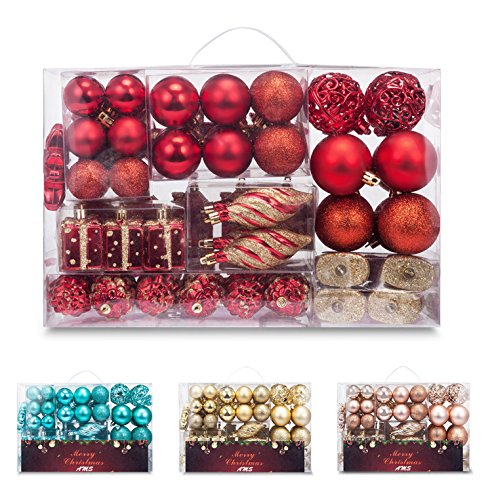 Product Cover AMS 72ct Christmas Ball Assorted Pendant Shatterproof Ball Ornament Set Seasonal Decorations with Reusable Hand-Help Gift Boxes Ideal for Xmas, Holiday and Party (72ct, Red)