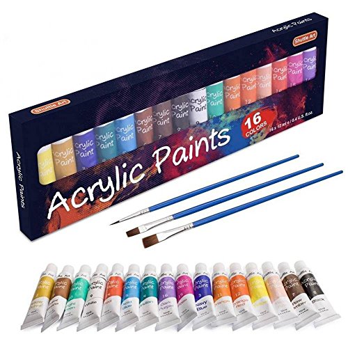 Product Cover Acrylic Paint Set, Shuttle Art 16 x12ml Tubes Artist Quality Non Toxic Rich Pigments Colors Great for Kids Adults Professional Painting on Canvas Wood Clay Fabric Ceramic Crafts