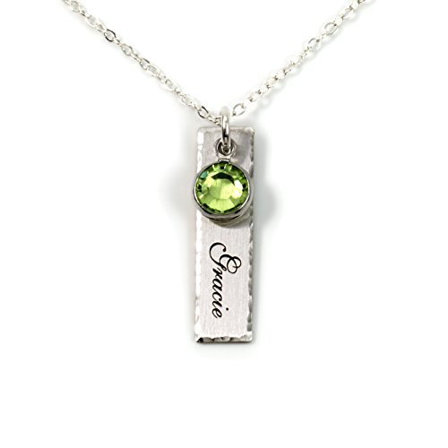 Product Cover Single Edge-Hammered Personalized Charm Necklace. Customize a Sterling Silver Rectangular Pendant with Name of Your Choice. Choose a Swarovski Birthstones, and 925 Chain. Makes Gifts for Her