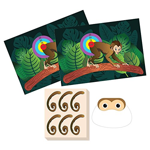 Product Cover Pin The Tail on The Monkey Birthday Game - Jungle Theme Party Supplies, Zoo Party Favors, Fun for All Ages, 2 Game Posters, 1 Blindfold Mask, 5 Sheets, 30 Tail Stickers